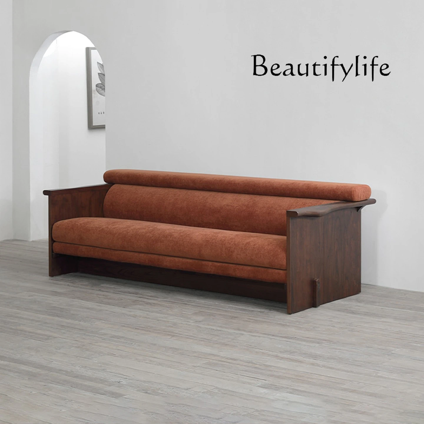 

Japanese medieval replica solid wood fabric sofa, retro designer warm velvet solid wood sofa