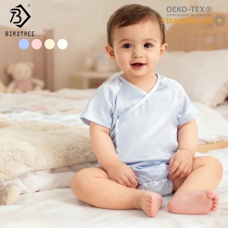 

BirdTree,OEKO-TEX,19MM 100%Mulberry Silk Baby Climbing Tops,Plain Satin Newborn Sleepwear Garment, 2025 Autumn New T5D415JF