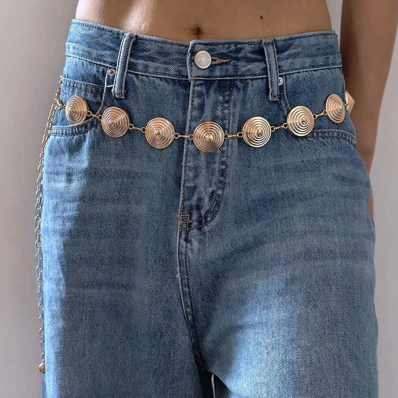 เข็มขัดโซ่สไตล์พังก์แบบหมุนได้สำหรับผู้หญิง ชุดเดรสโบฮีเมียน เสื้อครอปท็อป บิกินี่ เอวเซ็กซี่ เครื่องประดับเอวระดับไฮเอนด์