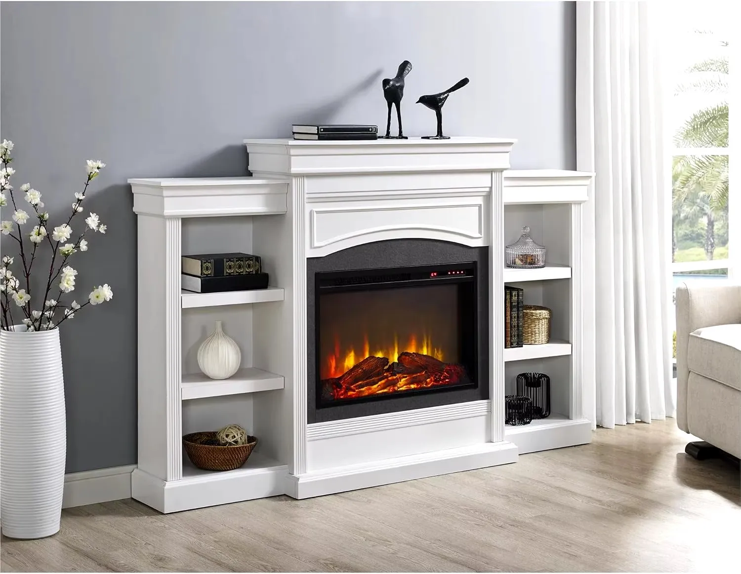 Electric Fireplace with Mantel, Shelves, Fireplace Insert Heater, Remote Control, Realistic Flame Effect, For Living Room, White