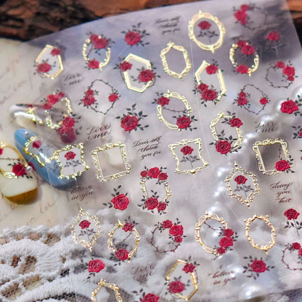 Retro Rote Rose Blume Gold Geometrische Aushöhlen Foto Rahmen Spiegel Grenze 5D Nail art Aufkleber Selbstklebende Maniküre Aufkleber DIY