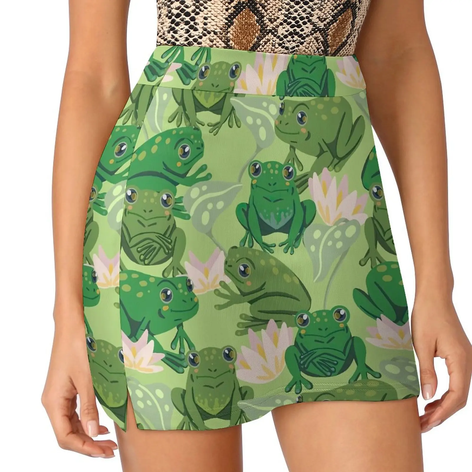 Cute Frog Lotus Skirt Womens Pink Flowers Modern Mini Skirts Summer Street Fashion High-waisted Big Size Casual A-line Skirt