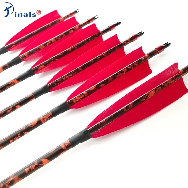 6/12pcs Carbon Arrow 32 Inch Spine 500 600 ID6.2mm Red Skull Camo Shaft Turkey Feathers for Compound/Recurve Bow Archery Hunting