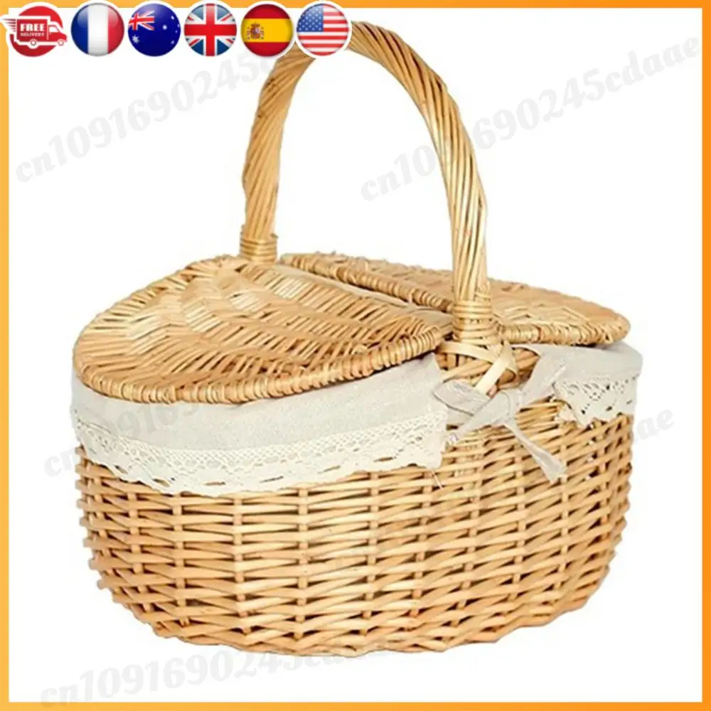 

Wicker Picnic Basket with Liner Picnic Hamper with Lid and Handle Willow Basket Rattan Picnic Basket for Picnic Camping Outdoor