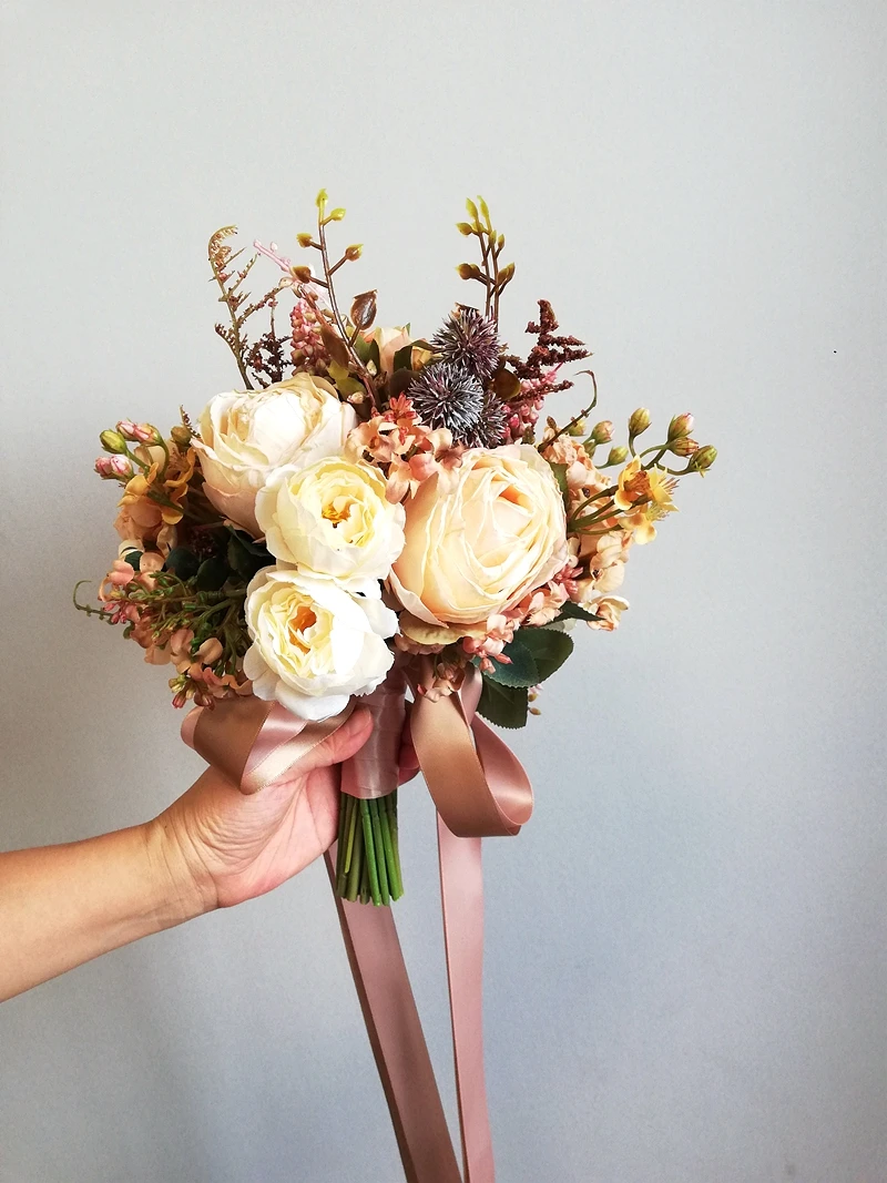 Vintage Rose Beige Brown Poney Wedding Bouquet Nature Artificial European style curling rose Flowers bouquet for the bride