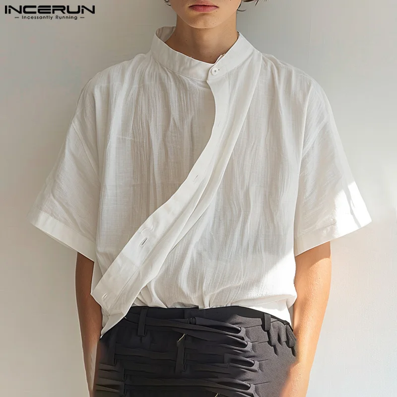 INCERUN 2024 Cotton Shirts Summer Tops Men Stand Collar Button Down Solid Color Casual Blouse Men Clothing Chemise Oversize Tee