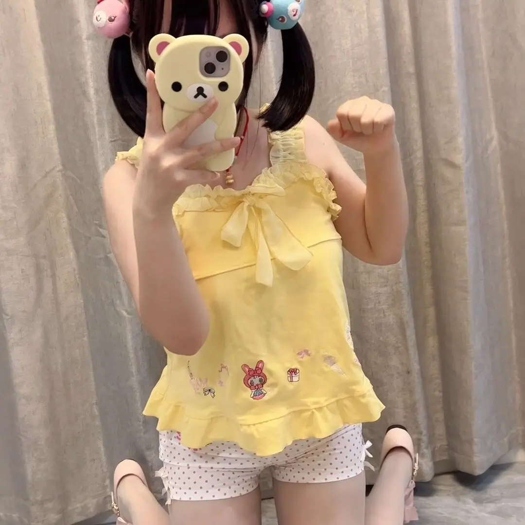 

Japanese Cartoon Mp Embroidery Cute Core 2 Pcs Sets Womens Outfits Bow Camisole + All Match Polka Dot Shorts Women Y2k Suits