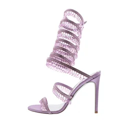 European and American Brand Designers Fashion Show Sandals Women's Summer Sexy Colored Rhinestone Slim Fitting High Heel Sandals