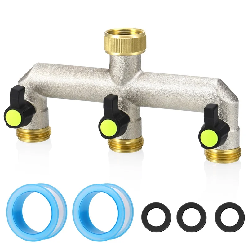 

AB33-Латунный разветвитель садового шланга — 3-ходовой разветвитель для водяного шланга для тяжелых условий эксплуатации, разделитель для наружного крана с запорными клапанами, 3/4 дюйма