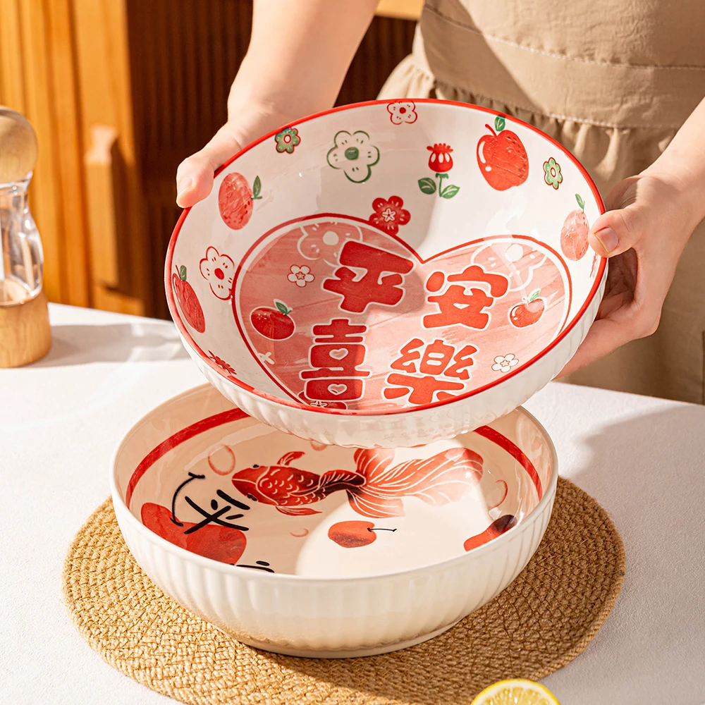 Red Floral Ceramic Bowl 9 Inch Large Capacity Deep Soup Bowls Chinese Style Home Kitchen Goldfish Underglaze Colour Tableware