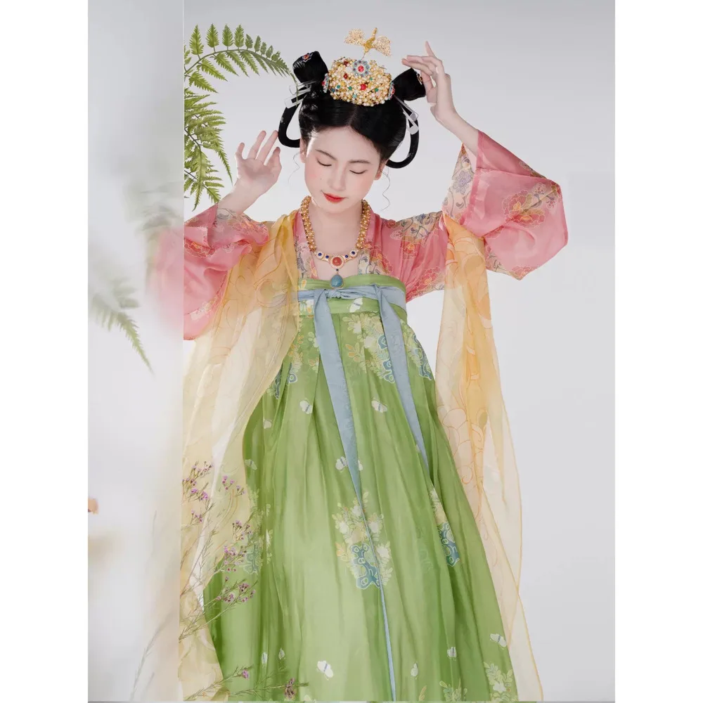 Women In Hanfu Tang Dynasty Printed Restoration Front-Opening Shirt With Chest-Length Pleated Skirt Cosplay Costume Halloween
