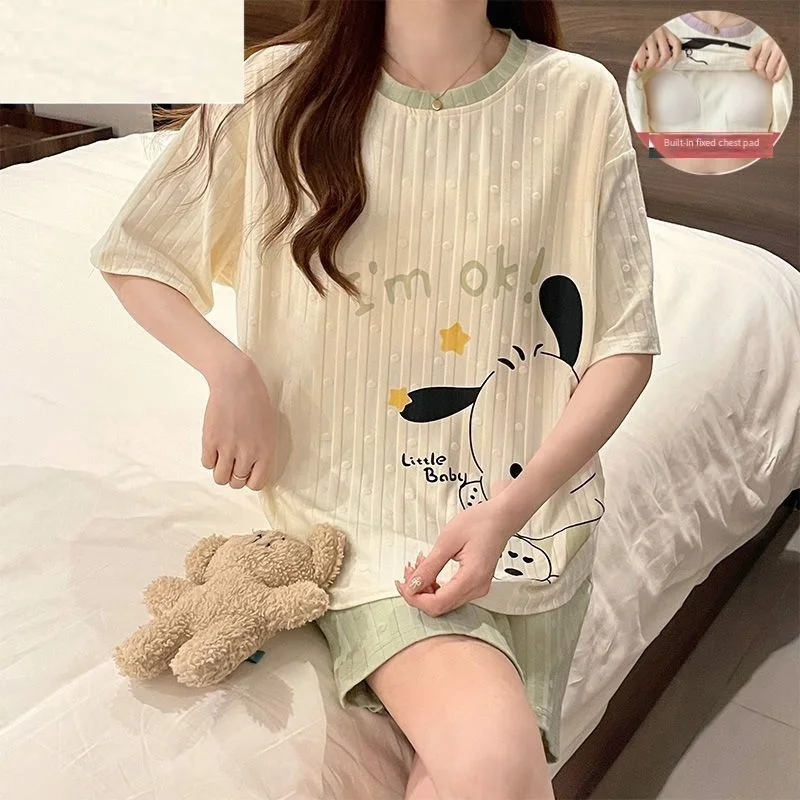 

Женская пижама Sanrio Pochacco: шорты и футболка с коротким рукавом, летняя, хлопковая, с мультяшным принтом, для студентов, домашняя одежда