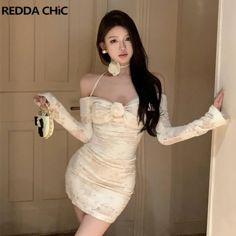 Reddachic Bloem Hals Stropdas Vrouwen Bodycon Jurk Effen Witte Lange Mouwen Shirring Korset Slanke Kanten Mini Jurk Sexy Vintage Kleding