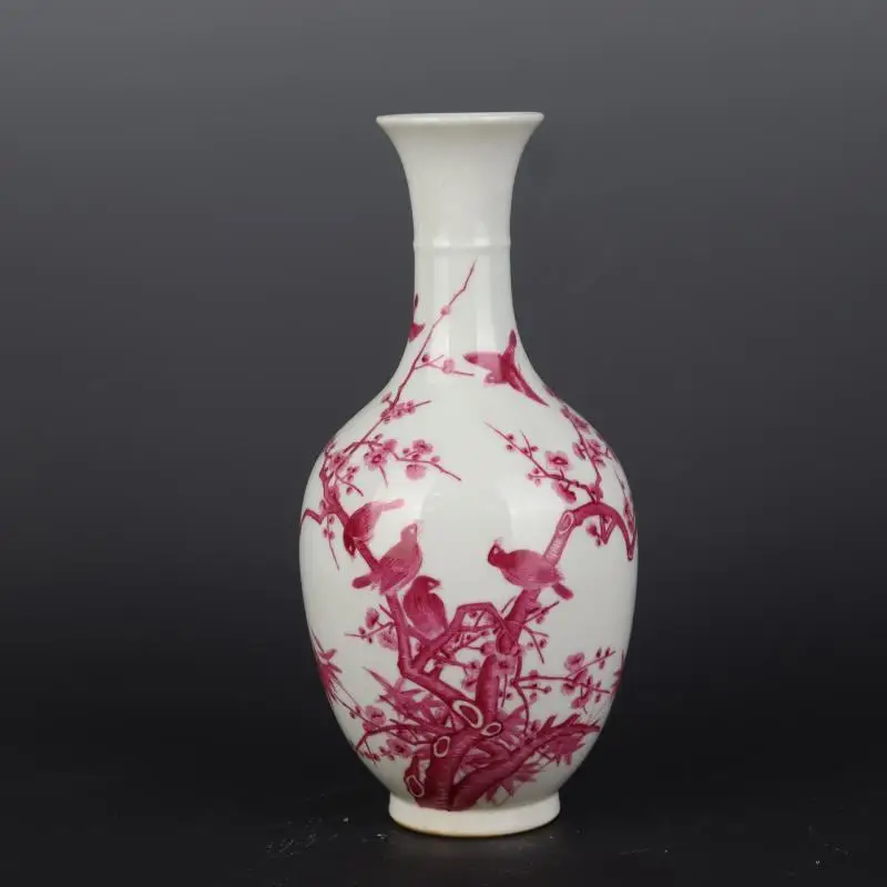 Chinese Porcelain Jingdezhen Carmine Red Flowers and Birds Vase 9.64