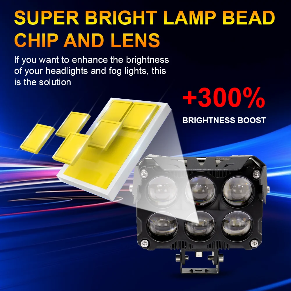 6 Lens LED Auxiliary MotorcycleSpotlight Dual Color Fog Lamps High Power Headlights with Fan Driving Lamp for Car Truck SUV UTV