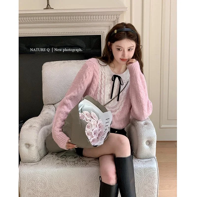 Retro Lazy Style Bow Splicing Pullover Twist Sweater for Women in Autumn and Winter High-end Gray Top