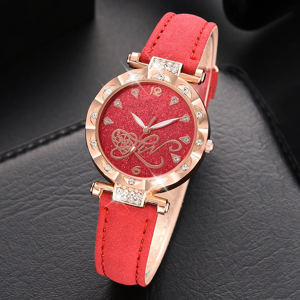 6PCS/Set Red Women Watch Simple Fashionable Leather Strap Quartz Wristwatch Love Element Watch Jewelry Set Gift For Mom