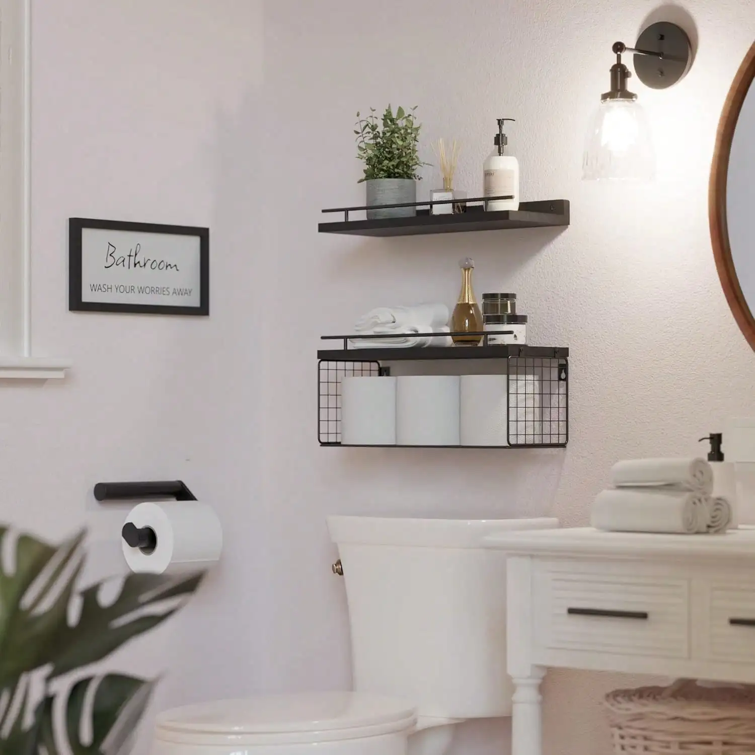 Floating Shelves, Bathroom Shelves Over Toilet With Wall Decor Sign, Wood Wall Shelves With Protective Metal Guardrail & Paper Storage Basket For Bathroom, Bedroom, Living Room, Kitchen