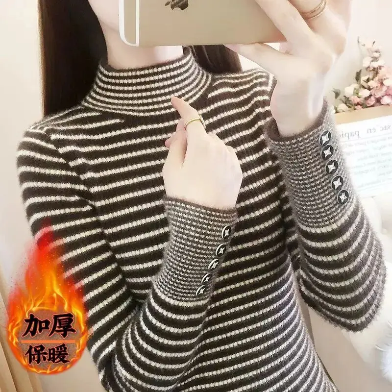 Autumn Winter New Fashion High Collar Long Sleeve Striped Women's Clothing Korean Loose Pullovers All-match Knitting Chic Tops