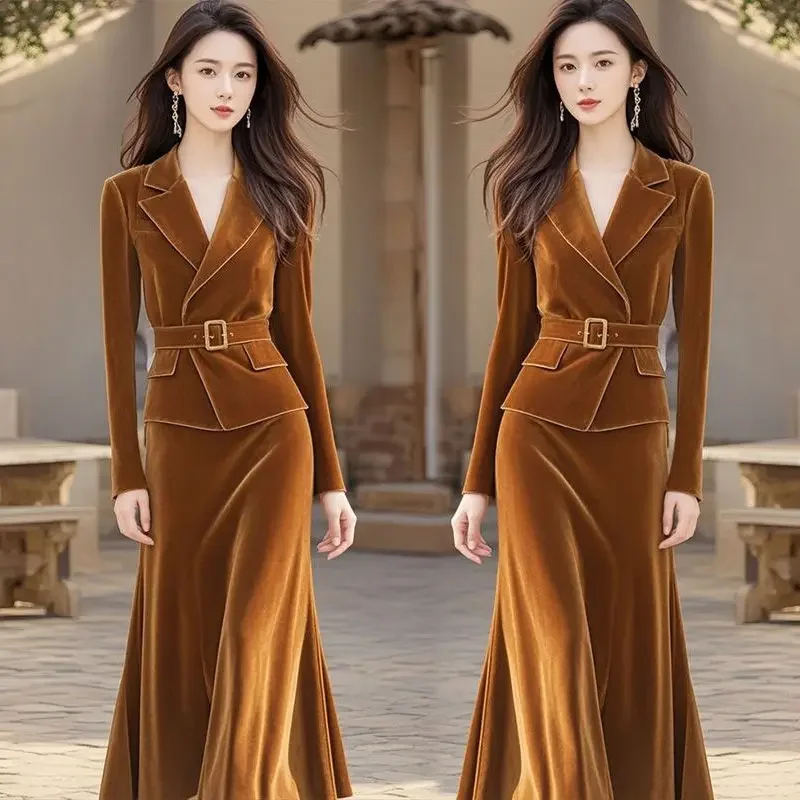 

Новый элитный французский бархатный комплект из двух предметов для вечеринки, женский наряд, элегантный тонкий пиджак с поясом + длинная юбка с высокой талией, костюмы
