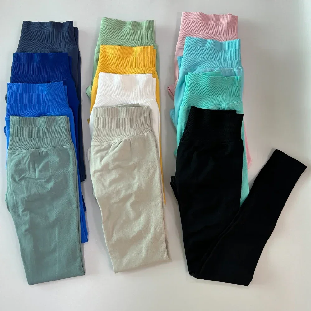 Yoga Leggings Women Low Ribbed Band Scrunch Bum Seamless Yoga Pants Gym Leggings Fitness Sweat Wicking Stretch Workout Tights