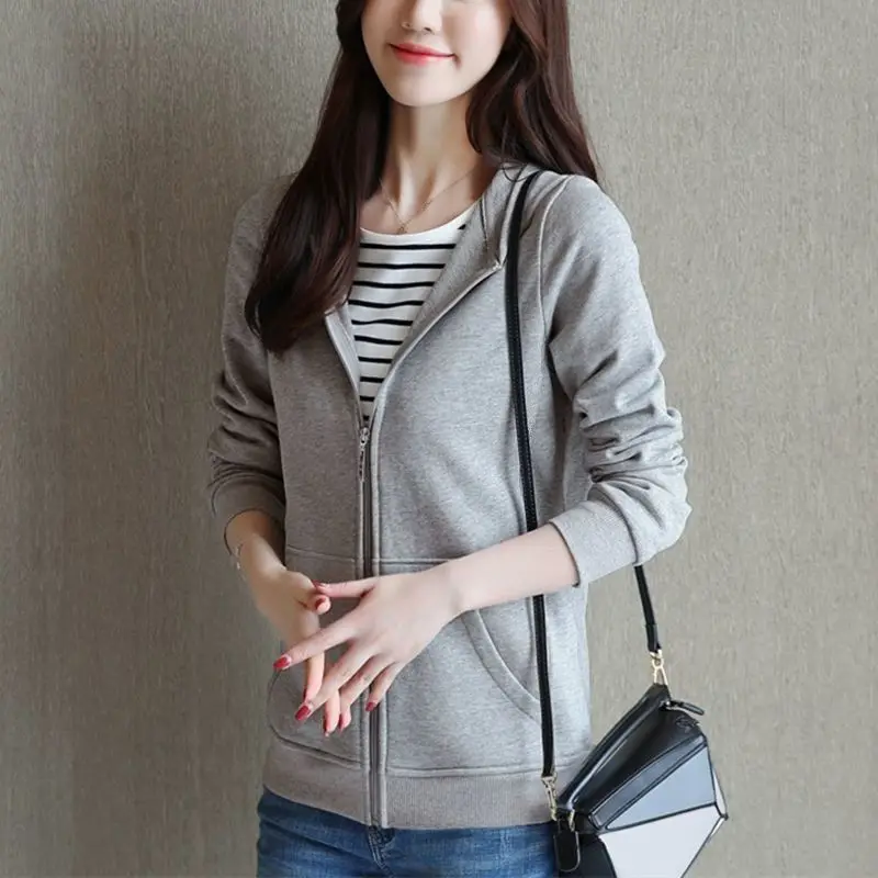 Women\'s Solid Hooded Collar Cardigan Hoodies 2023 Spring and Autumn New Korean Zipper Pockets Loose Sleeve Casual Sports Coat