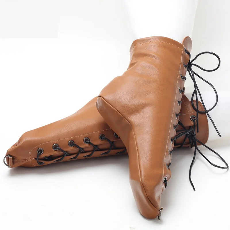 CACA Soft Leather Women Ballet Boots,Men Cosplay Shoes,Front Lace-up,Heelless Mid Calf Botas,Pedophilia,Brown,White,Dropship