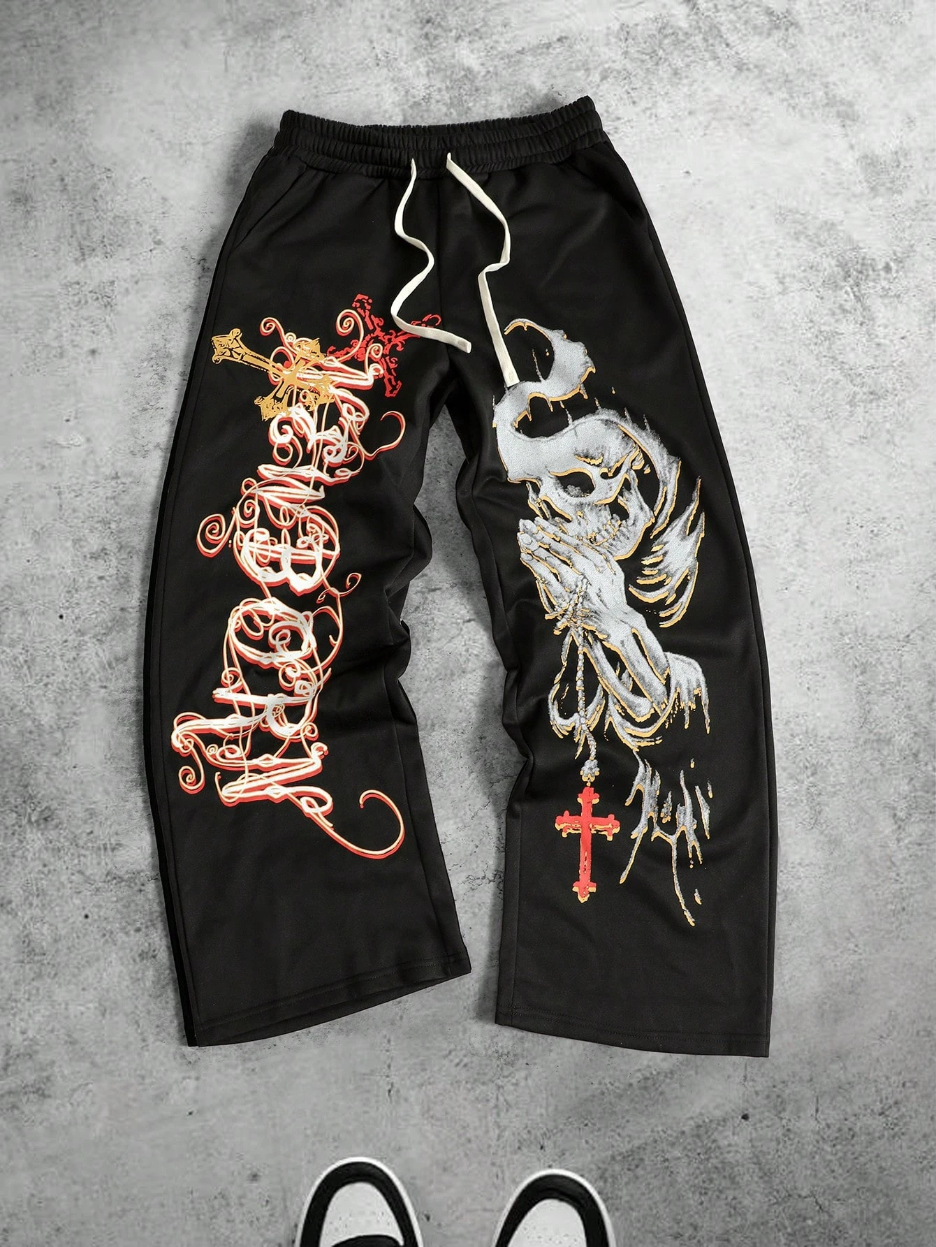 

Men's street style skull print drawstring waist loose wide-leg sweatpants fashionable streetwear straight leg pants men clothing