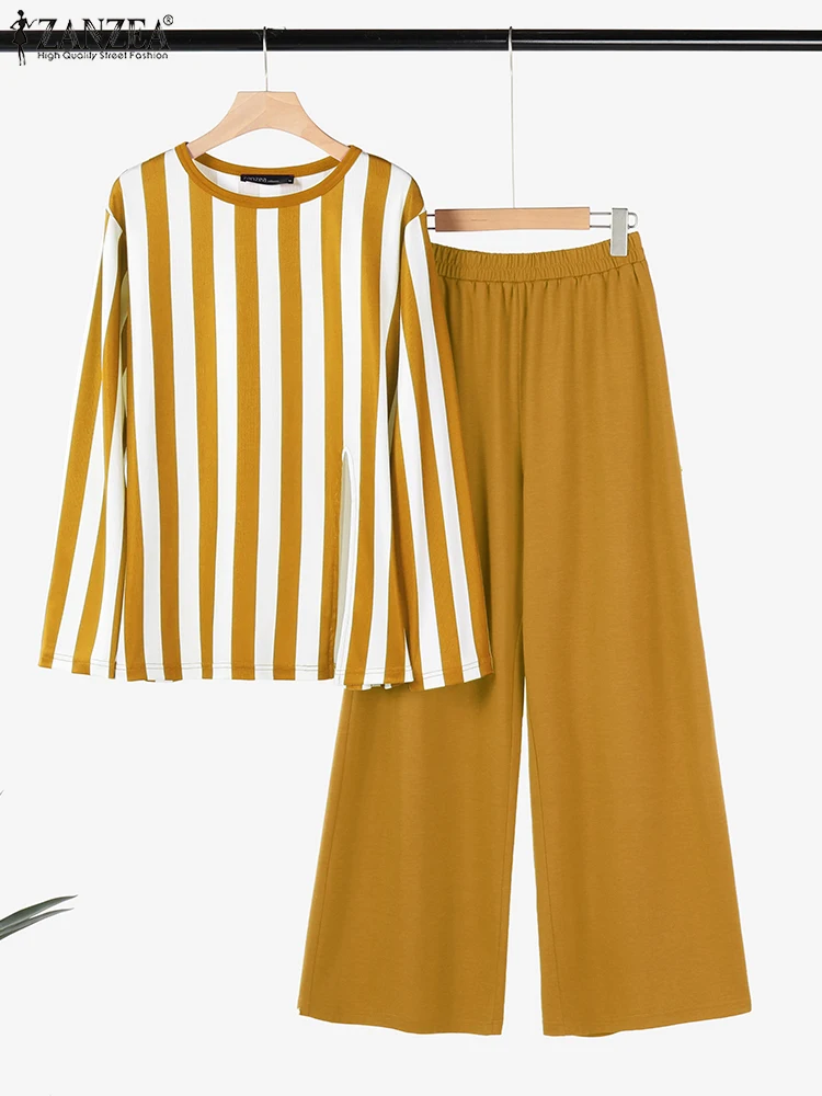 

ZANZEA 2025 Women Casual Striped Color Block Long Sleeve Top and Pants Set 2 Piece Matching Outfits Elegant Loose Summer Sets