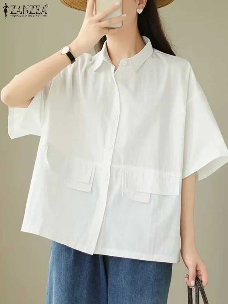 ZANZEA Casual Colletto rovesciato Camicie Donna Tunica Streetwear Tasca Cover Abbigliamento da lavoro Top 2025 Moda Mezza manica Allentato Blusas