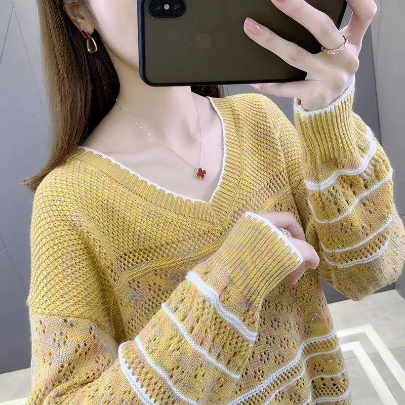 Women Bright New Hollow Out Sweater Women's Fashionable Loose Fit Large V-Neck with Thin Knit Underlay for Outer Wear Clothes