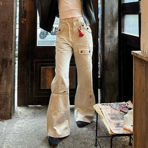 American Vintage Pants Multi Pocket Cargo Flare Women High Waist Baggy Bell Bottom Trousers Y2K Streetwear Casual Summer  Pants