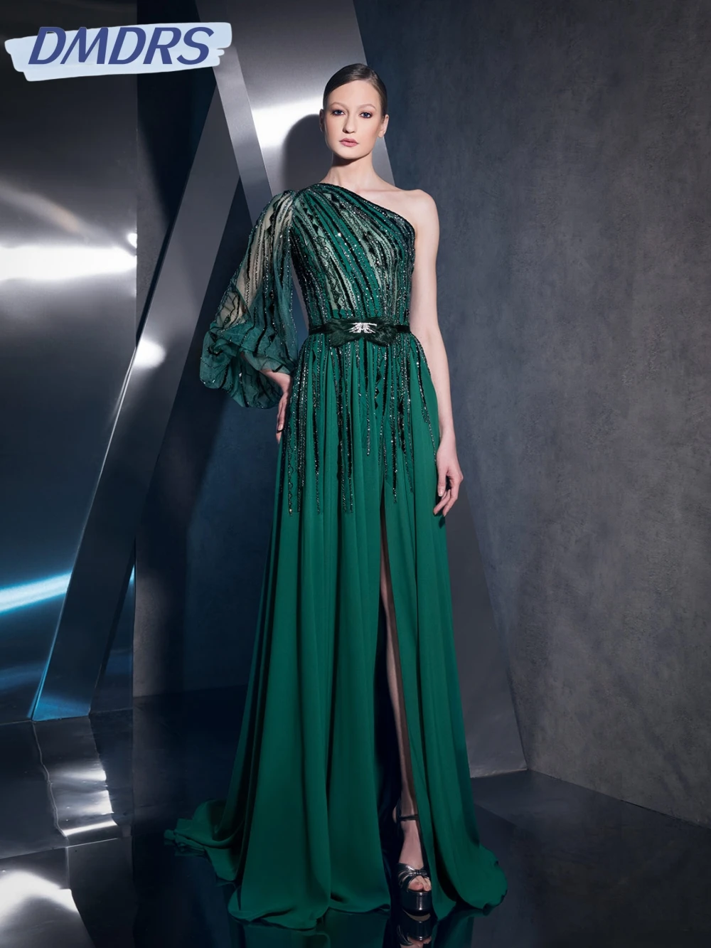 

Зеленое элегантное длинное вечернее платье с бисером на одно плечо, свадебное платье с высоким разрезом, изысканные платья для выпускного вечера трапециевидной формы по индивидуальному заказу