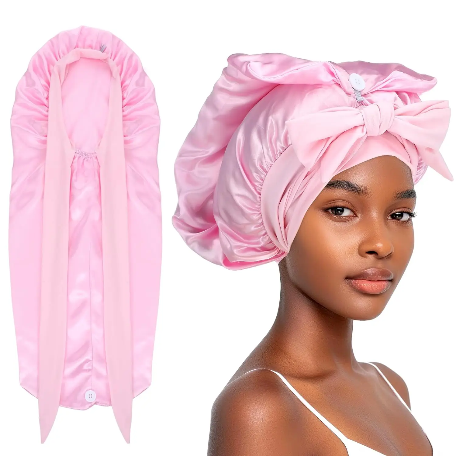 Long Satin Bonnet for Women Sleeping, Silk Bonnet Large Hair Cap Silk Hair Bonnet with Tie Band for Braids Curly Hair