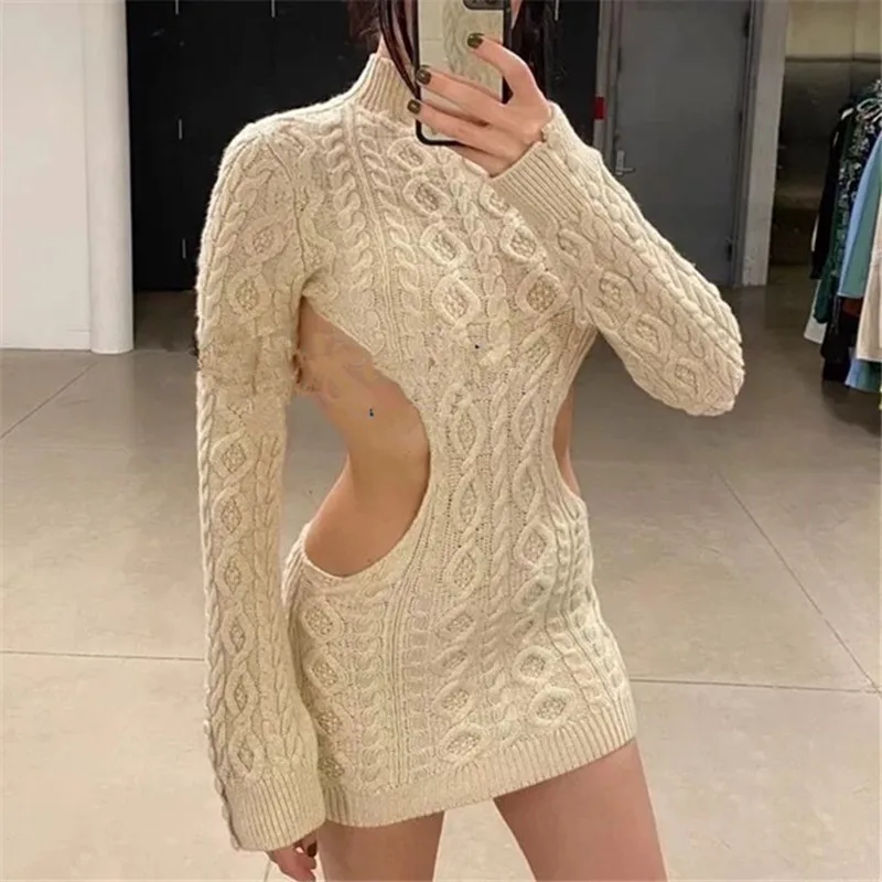 

Y2K style Hollow Out Waist Knik Twist Knitted Backless Sweater Dress Sexy Long sleeve Package Hips Bodycon Base Dresses Robe