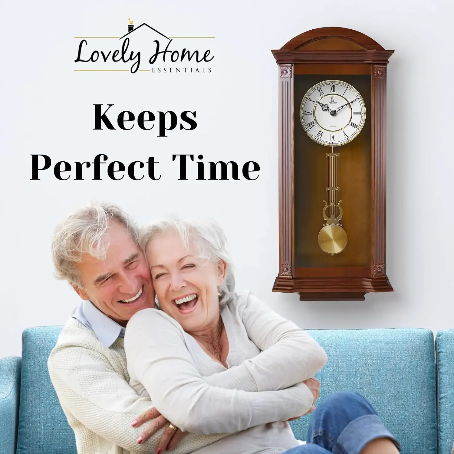 Pendulum Wall Clock, Large Hanging Wooden Grandfather Wall Clock, Quiet | Real Wood Clock 27x11, Non-Chiming Battery Operated wi