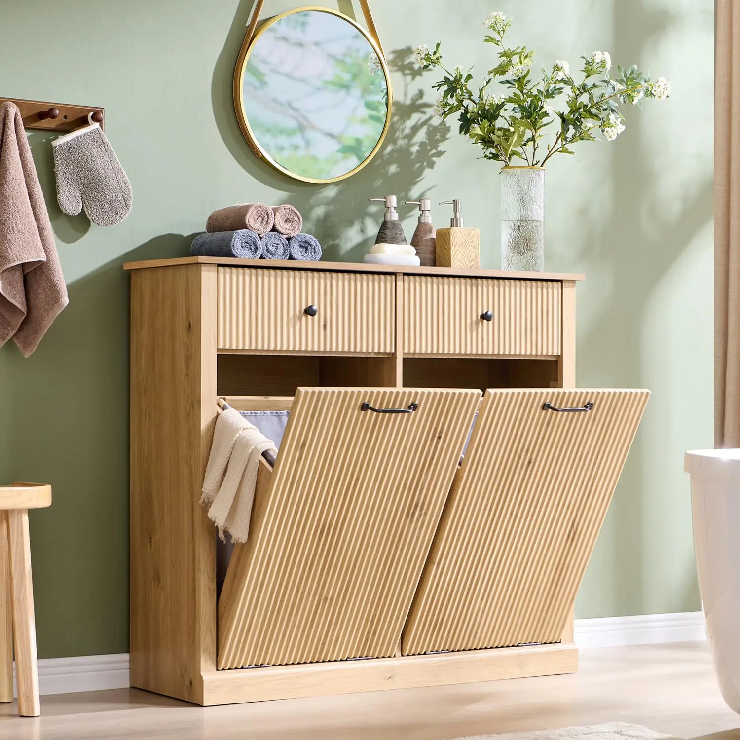 Double Tilt Out Laundry Hamper Cabinet Modern Trash Storage Natural Wood, Customized