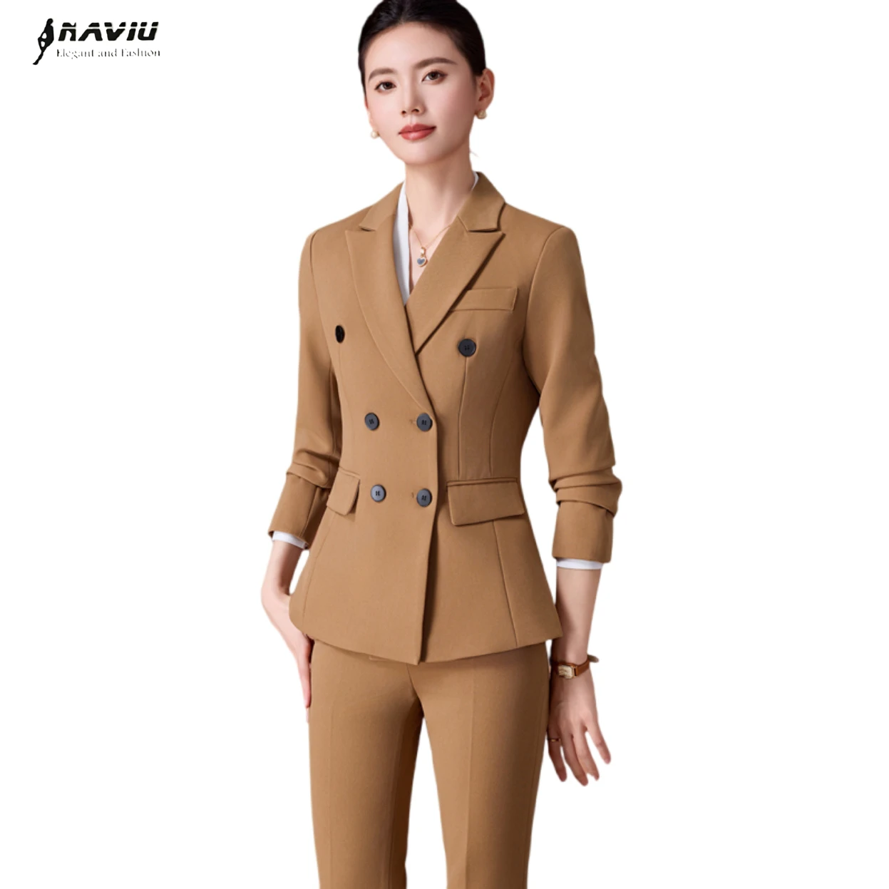 

NAVIU Office Women's Two-Piece Suit Set Slim Double Breasted Blazer And Solid Formal Pants Outfit for Ladies Work Wear