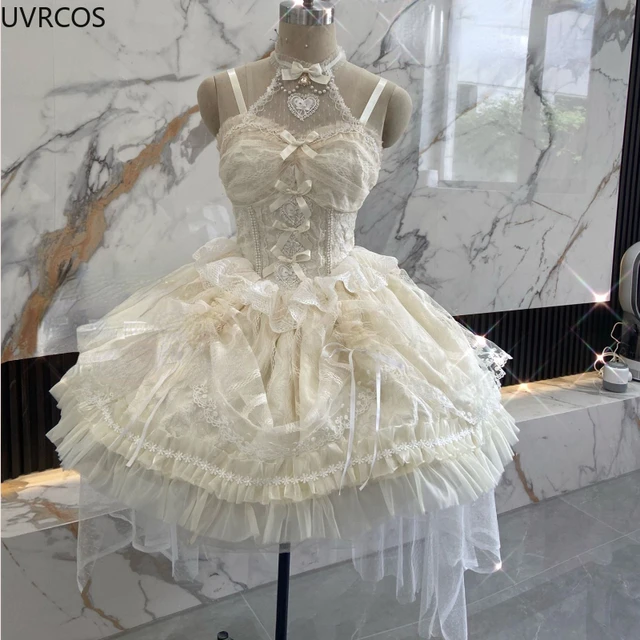 Japońskie słodycze Lolita Jsk sukienki Kawaii kobiety w stylu Vintage elegancka koronkowa siateczkowa księżniczka sukienka na ramiączkach Harajuku Lolita odzież europejska