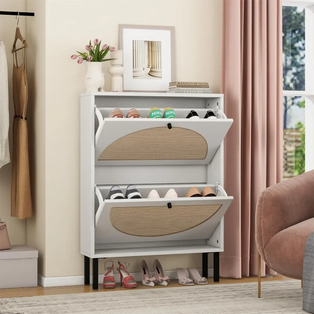 

Shoe Cabinet with 2 Flip Drawers, Narrow Hidden Shoe Rack with Metal Legs, Cane Storage Cabinet