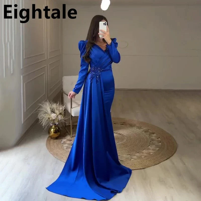 Long Sleeve Arabic Mermaid Evening Dress Luxury New Royal Blue Elegant Satin Dubai Women Formal Party Evening Gown Customized