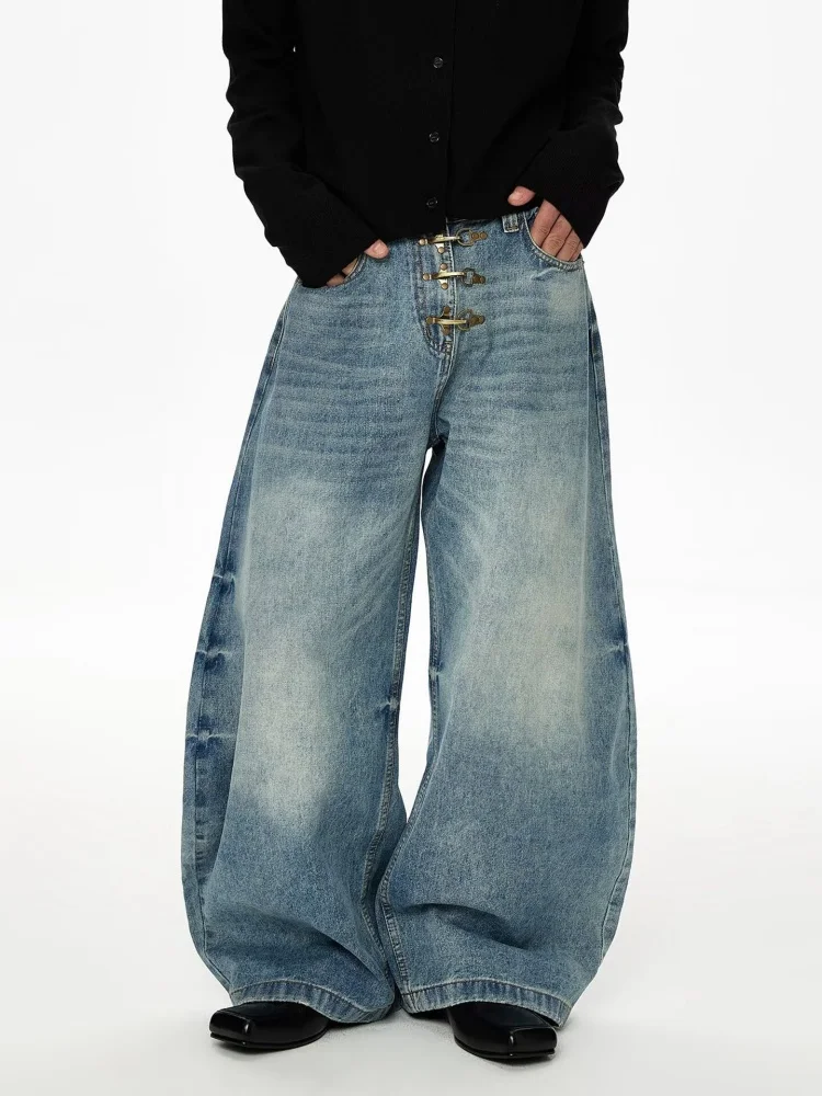 

Мужские винтажные джинсы-багги 2026 Cyber Y2K Streetwear с застежкой на пуговицы, выцветшие синие, прямые, из денима, Moda Hombre