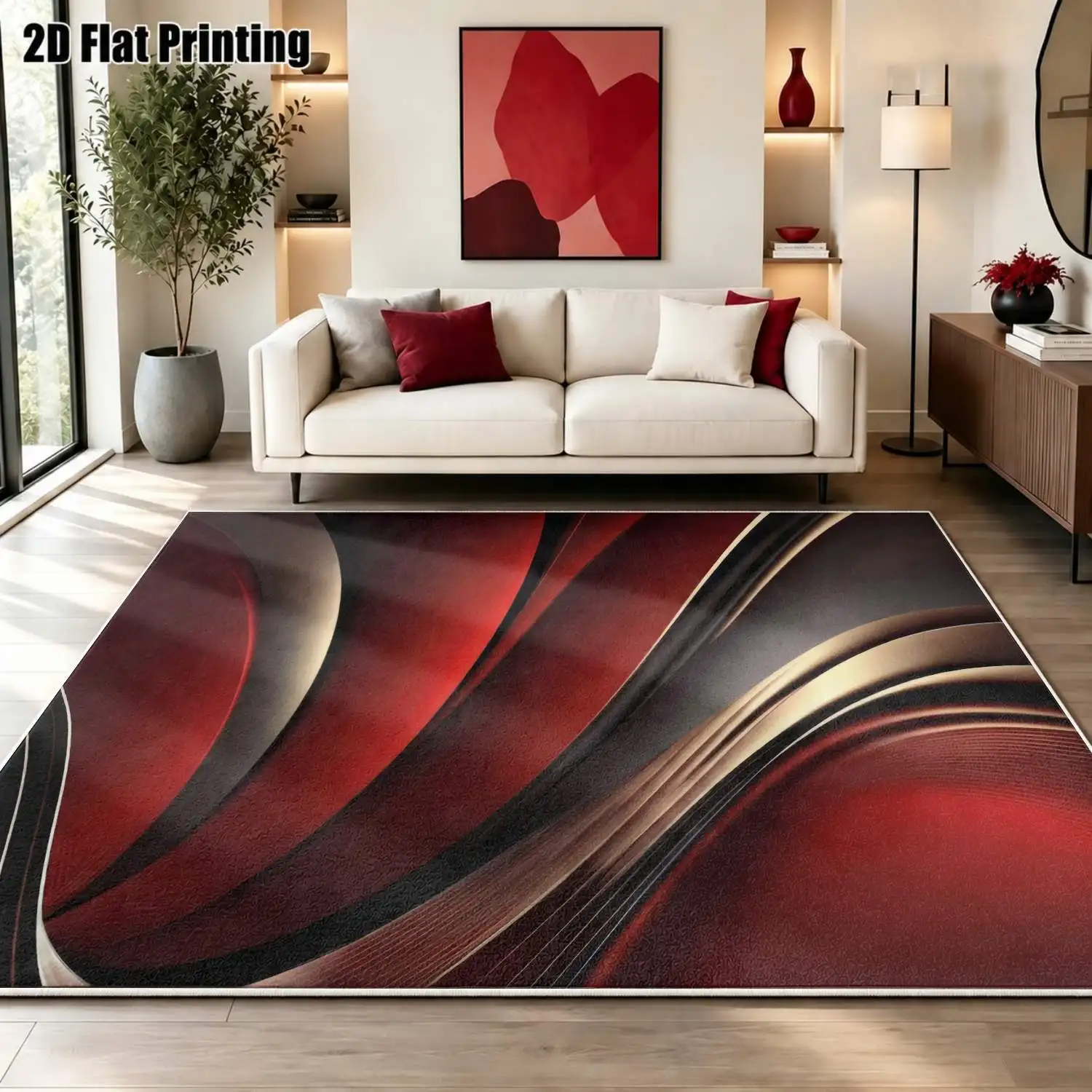 1Pc 2D Printed Velvet Abstract Art Carpet, Red-Brown & Black, Modern Minimalist Nordic European Style, Multi-Size Washable Home Decor Mat for Living Room Bedroom Dining Room Entrance Study