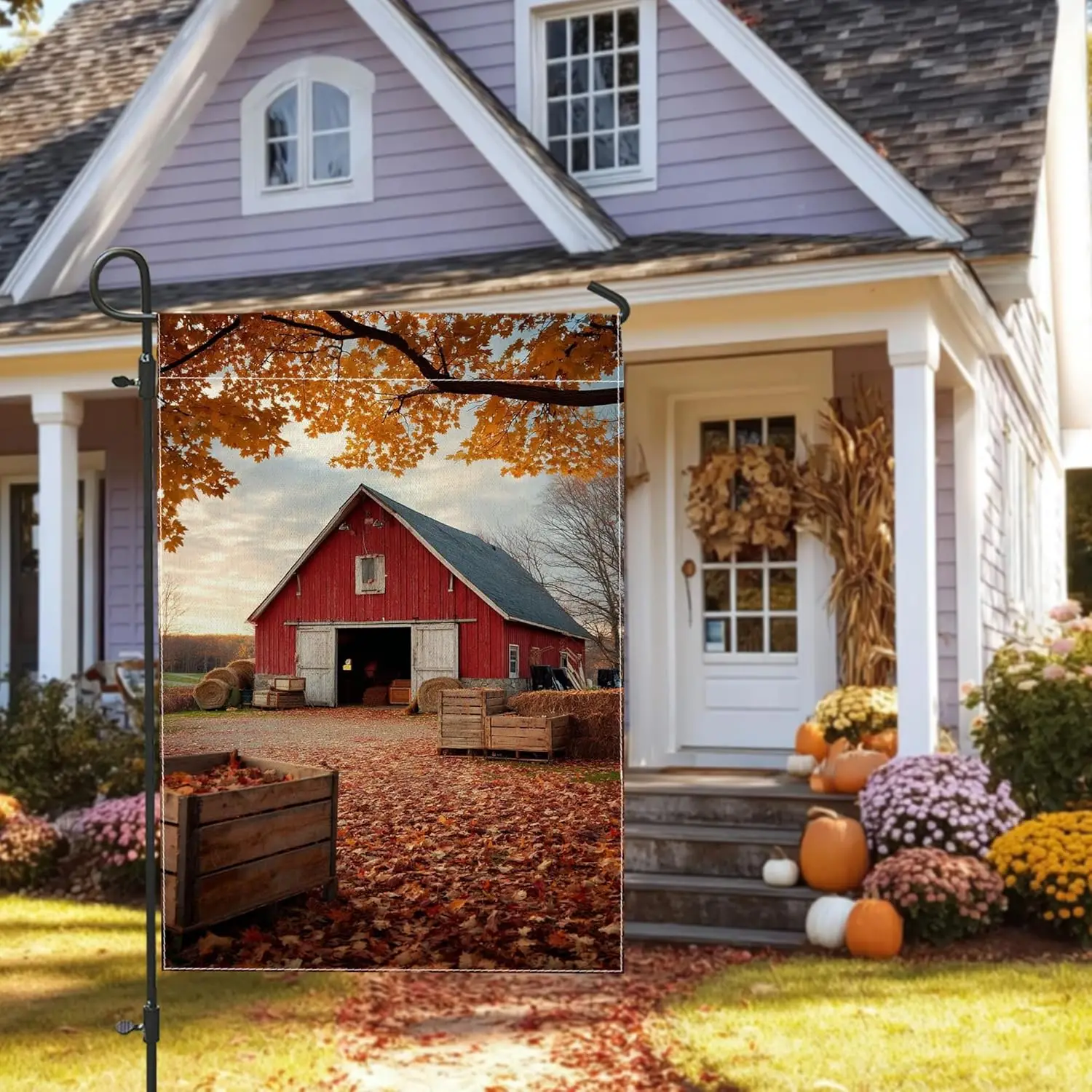 Autumn Barn Scene Garden Flag, Red Rustic Farmhouse Decor Banner, Double Sided Burlap Yard Flag Fall Outdoor Decoration 12x1 yyi