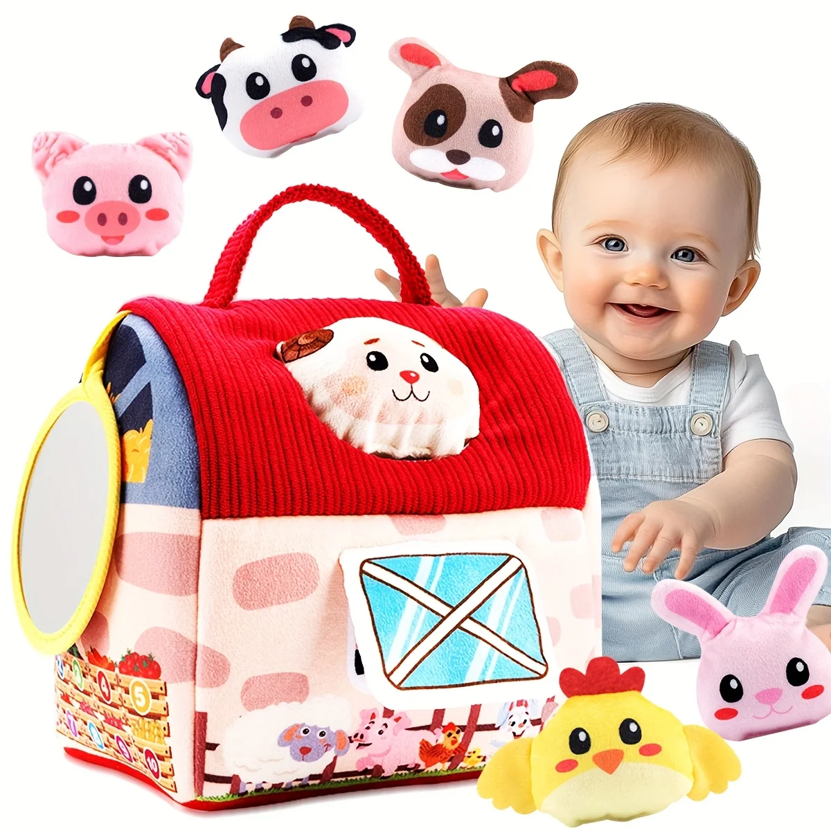 Child Surprise Barn with Stuffed Farm Animals, Rattle, Crinkle Paper and Mirror Toys, Sensory Balls for Kids Christmas Gifts