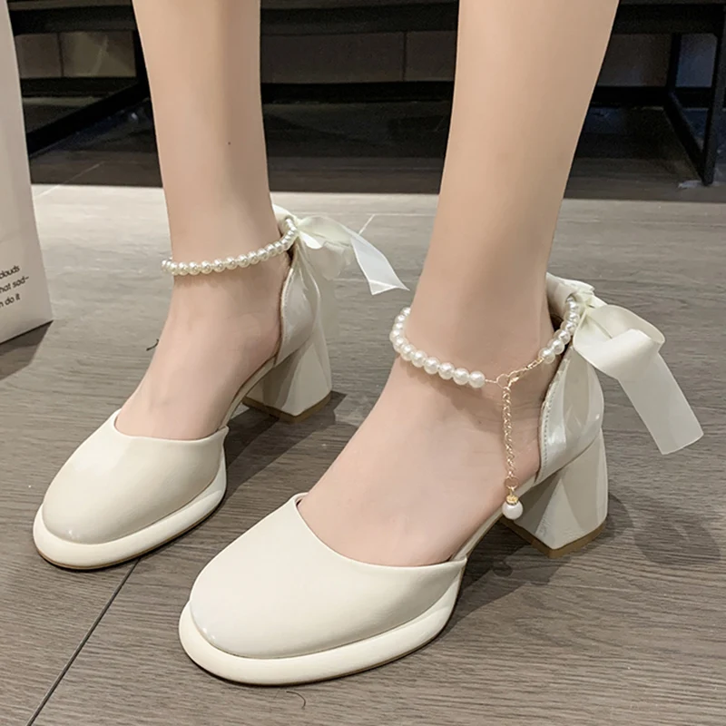 Pearl Ankle Buckle Thick Heel Pumps Women Back Bowtie Lace Up Mary Jane Shoes Woman 2023, Autumn Platform High Heels Dress Shoes