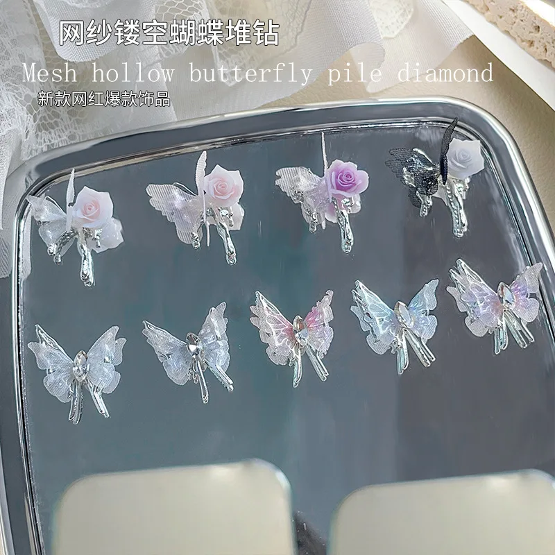 5PCS Fairy Translucent Wings Butterfly 3D Sweet Rose Sparkle Pile Diamonds Nail Art Rhinestones Decorations Manicure Ornaments