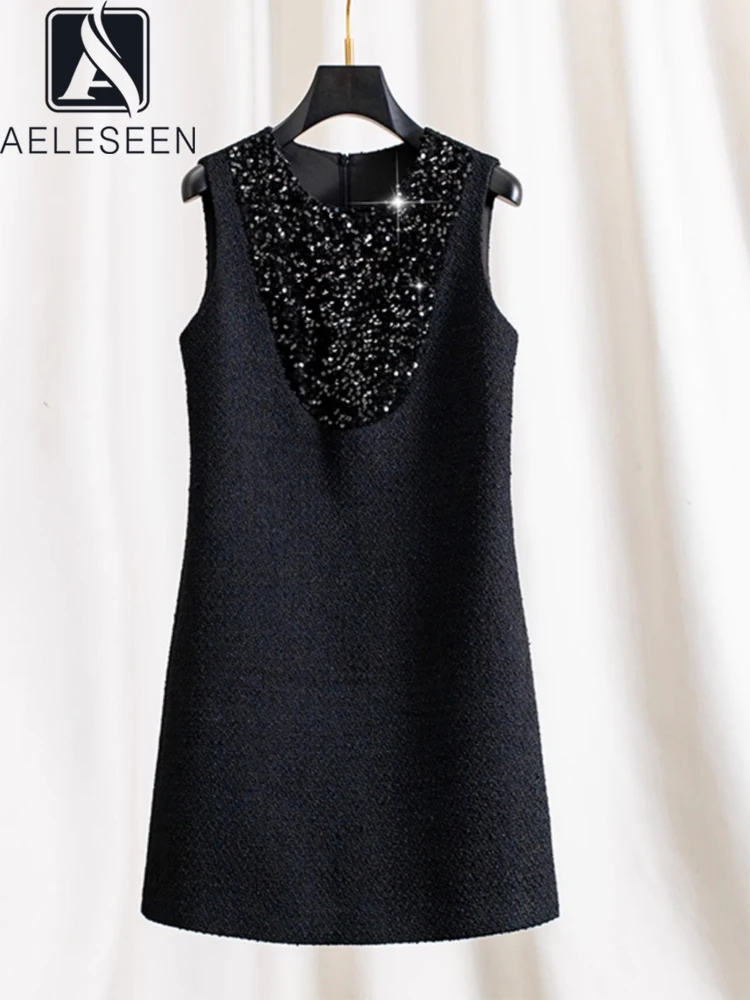 

AELESEEN High Quality Black Mini Dress Women Sleeveless Design Fashion Luxury Sequined Tweed Casual A-Line Holiday Vacation