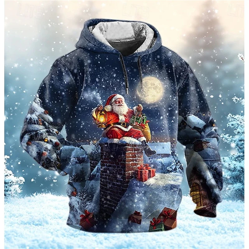 Christmas Hoodies Men Cool Santa Claus Graphic 3d Print Sweatshirt  Men Fall Winter Party Holiday Pullover Plus Size Streetwear