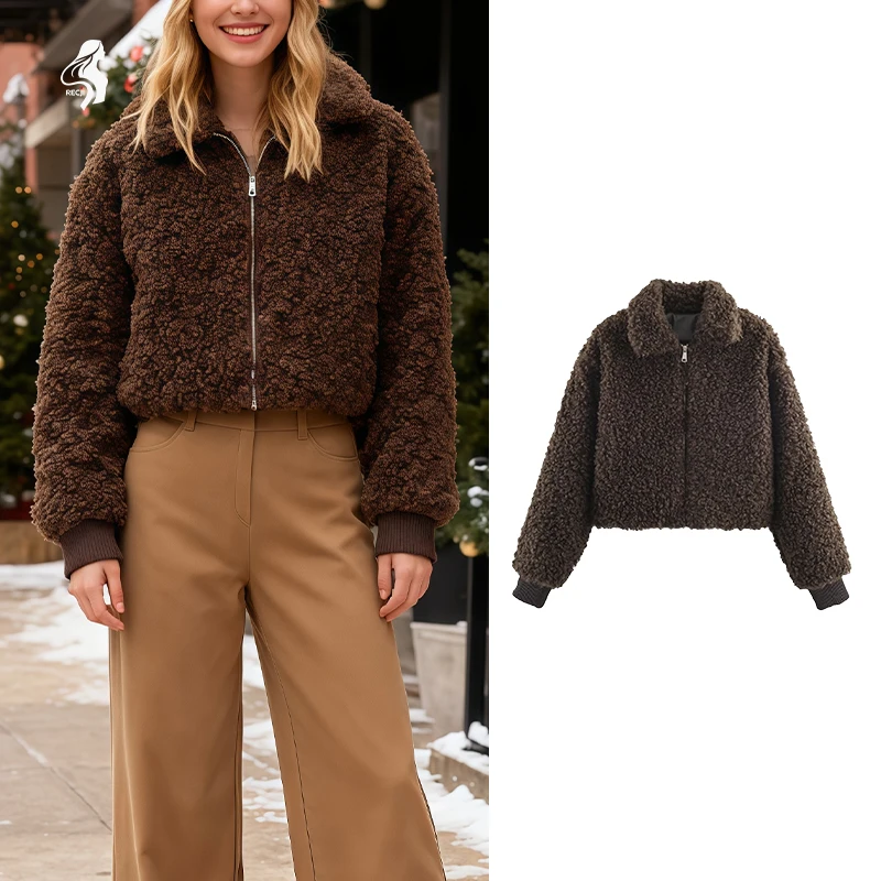 

Womens Fashion Jacket Coat Lapel Faux Shearling Zipper Short Jacket Stylish And Versatile Coat Winter Casual Wear Trafizaran